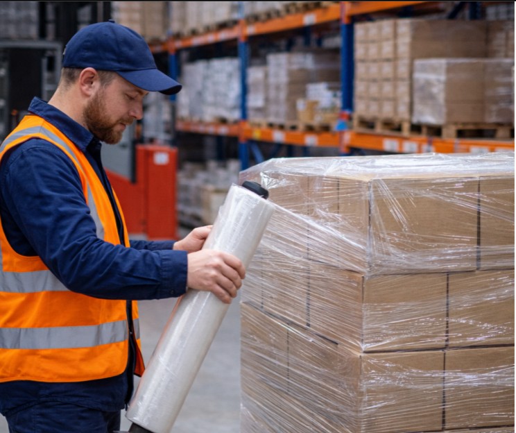 Man shrink wrapping pallet